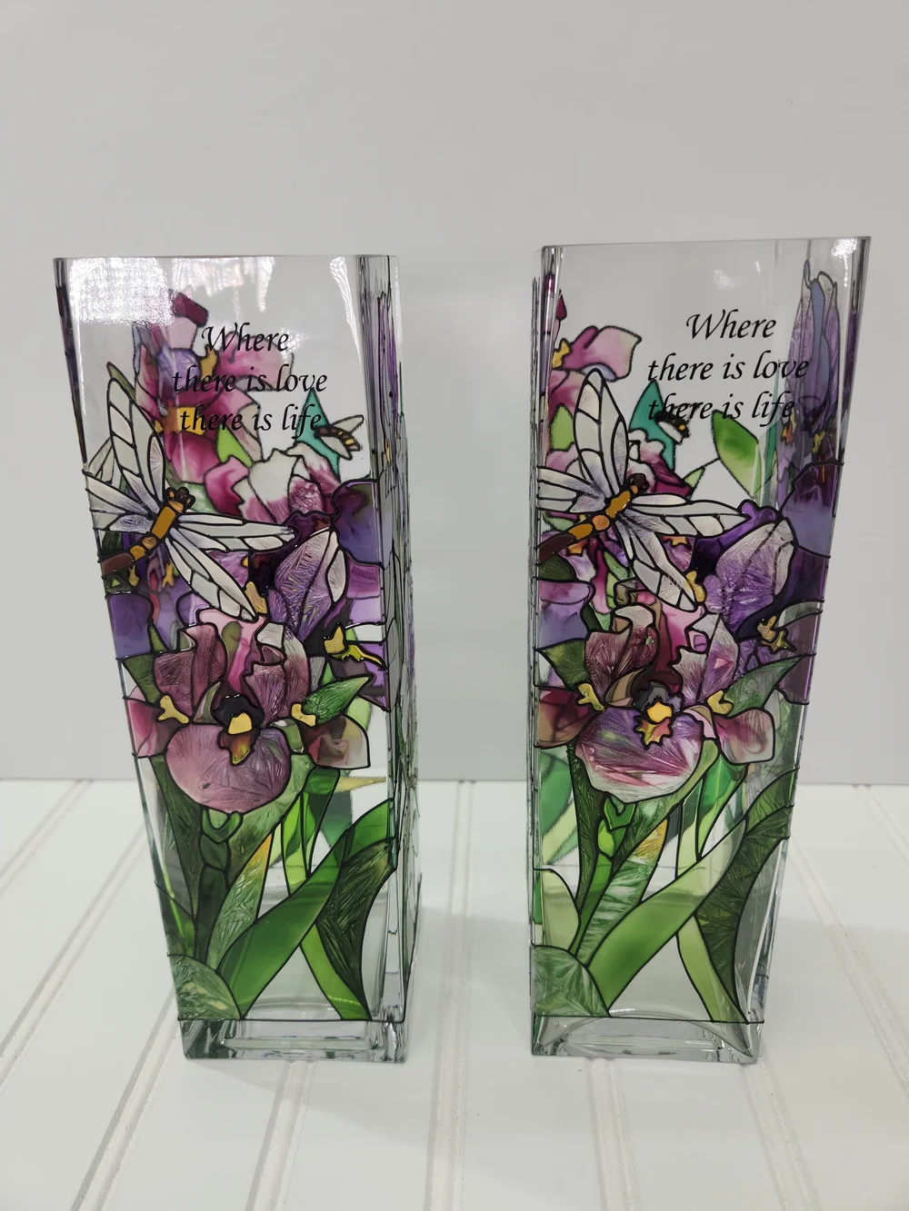 Vintage Joan Baker Designs Set of 2 Hand-Painted Stained Glass Vases